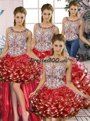 Designer Red Lace Up Scoop Beading and Ruffles Sweet 16 Dresses Organza Sleeveless