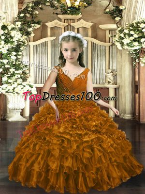 Gorgeous Brown V-neck Neckline Beading and Ruffles Girls Pageant Dresses Sleeveless Backless
