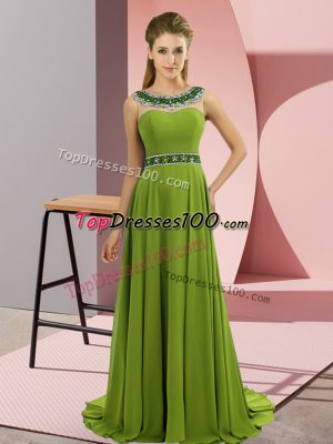 Olive Green Scoop Zipper Beading Prom Party Dress Brush Train Sleeveless