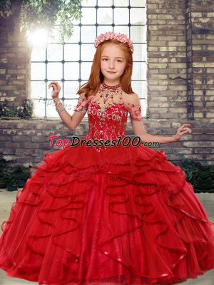 Red Sleeveless Beading Floor Length Pageant Dress for Womens