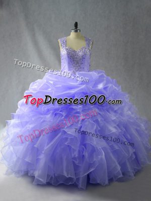 Lavender Straps Zipper Beading and Ruffles Quince Ball Gowns Sleeveless