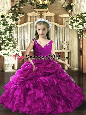 Popular Purple V-neck Neckline Beading and Ruffles and Ruching Child Pageant Dress Sleeveless Backless