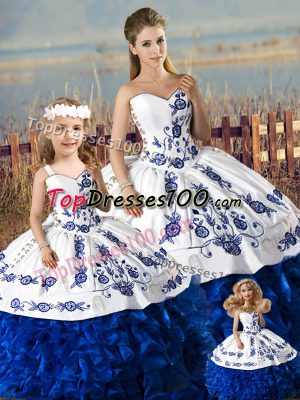 Sweetheart Sleeveless Quinceanera Gown Floor Length Embroidery and Ruffles Blue And White Organza