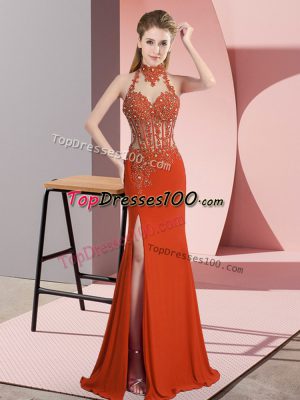 Orange Red Backless High-neck Lace and Appliques Chiffon Sleeveless