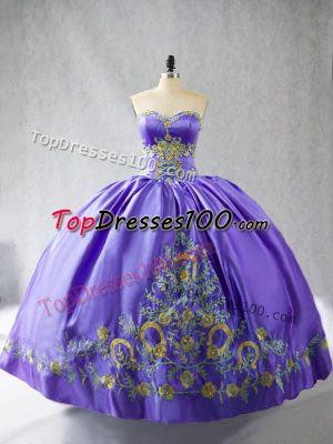 Sweetheart Sleeveless 15th Birthday Dress Floor Length Embroidery Purple Satin