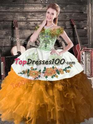 Brown Off The Shoulder Neckline Embroidery and Ruffles Ball Gown Prom Dress Sleeveless Lace Up
