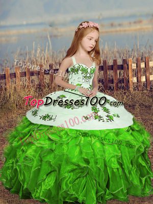 Straps Sleeveless Girls Pageant Dresses Floor Length Embroidery and Ruffles Organza