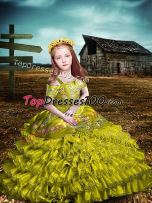 Olive Green Short Sleeves Embroidery and Ruffled Layers Floor Length Girls Pageant Dresses