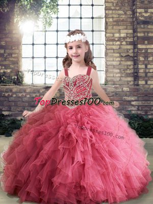 Sleeveless Tulle Floor Length Lace Up Kids Pageant Dress in Pink with Beading and Ruffles