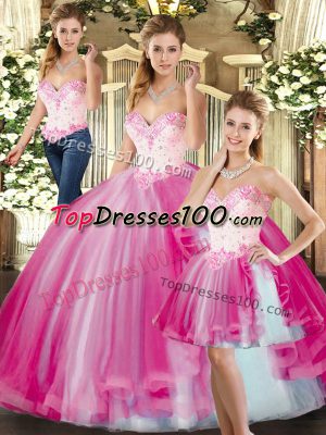 Hot Sale Ball Gowns Quinceanera Gowns Fuchsia Sweetheart Tulle Sleeveless Floor Length Lace Up