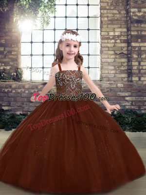 New Style Tulle Sleeveless Floor Length Kids Formal Wear and Beading