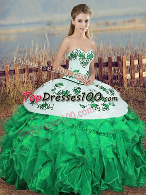 Green Sweetheart Lace Up Embroidery and Ruffles and Bowknot Quince Ball Gowns Sleeveless