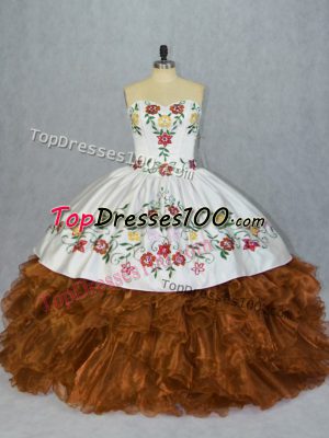 Organza Sweetheart Sleeveless Lace Up Embroidery and Ruffles Sweet 16 Dress in Brown