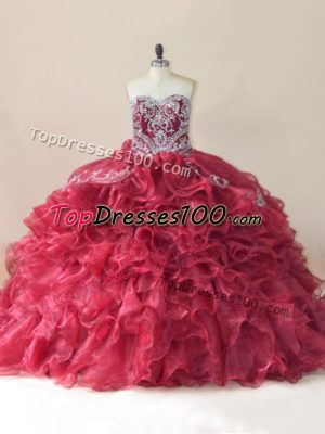 Dramatic Lace Up Quinceanera Dresses Wine Red for Sweet 16 and Quinceanera with Beading and Appliques and Ruffles Brush Train