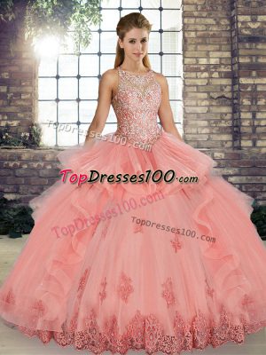 Latest Tulle Sleeveless Floor Length Sweet 16 Dress and Lace and Embroidery and Ruffles