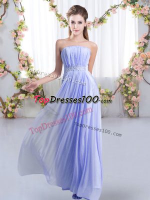 Lavender Lace Up Strapless Beading Wedding Party Dress Chiffon Sleeveless Sweep Train