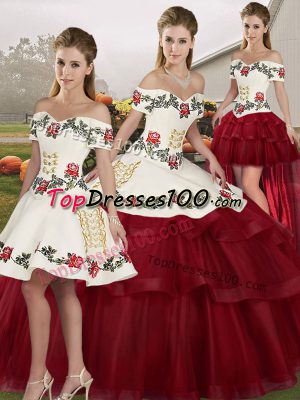Wine Red Quinceanera Dresses Military Ball and Sweet 16 and Quinceanera with Embroidery and Ruffled Layers Off The Shoulder Sleeveless Brush Train Lace Up