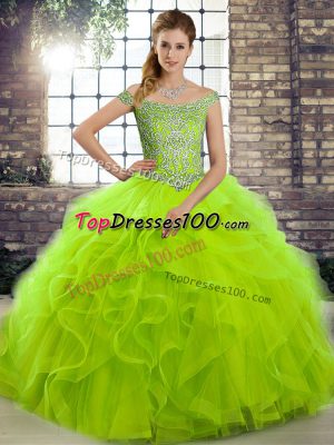 Latest Lace Up Off The Shoulder Beading and Ruffles Quinceanera Dress Tulle Sleeveless Brush Train