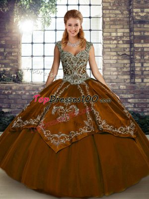 Straps Sleeveless Lace Up Quinceanera Gown Brown Tulle