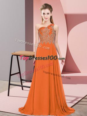 Orange Sleeveless Beading Floor Length Homecoming Dress