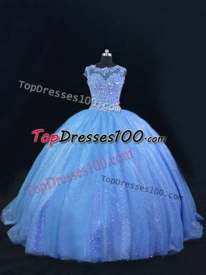 Ball Gowns Quinceanera Dress Blue Scoop Tulle and Sequined Sleeveless Lace Up