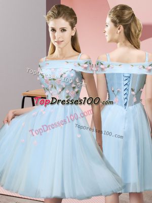 Knee Length Light Blue Wedding Party Dress Tulle Short Sleeves Appliques