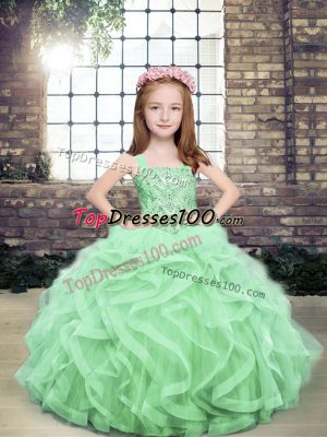 Apple Green Lace Up Straps Beading and Ruffles Little Girls Pageant Dress Wholesale Organza and Tulle Sleeveless