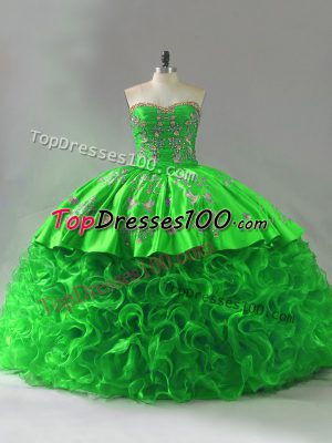 Sweetheart Lace Up Embroidery and Ruffles Quinceanera Gown Brush Train Sleeveless