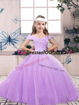 Tulle Off The Shoulder Sleeveless Lace Up Belt Girls Pageant Dresses in Lavender