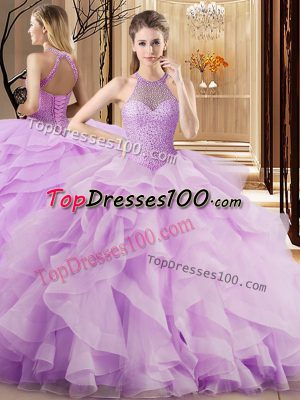 Exquisite Sleeveless Brush Train Beading and Ruffles Lace Up Ball Gown Prom Dress
