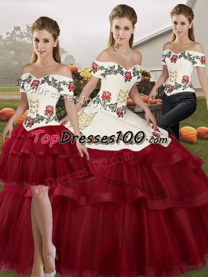 Customized Wine Red Lace Up Ball Gown Prom Dress Embroidery and Ruffled Layers Sleeveless Brush Train