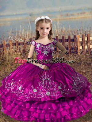 Off The Shoulder Sleeveless Little Girls Pageant Dress Floor Length Embroidery and Ruffled Layers Fuchsia Satin and Organza