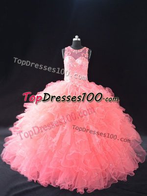 Glamorous Sleeveless Organza Floor Length Lace Up Sweet 16 Quinceanera Dress in Watermelon Red with Beading and Ruffles
