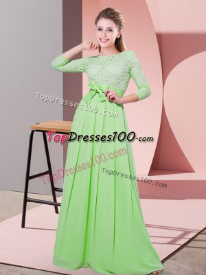 Chiffon Side Zipper Bridesmaid Dress 3 4 Length Sleeve Floor Length Lace and Belt