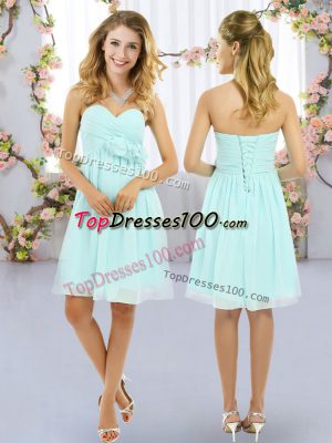 Aqua Blue Chiffon Lace Up Sweetheart Sleeveless Mini Length Wedding Guest Dresses Hand Made Flower