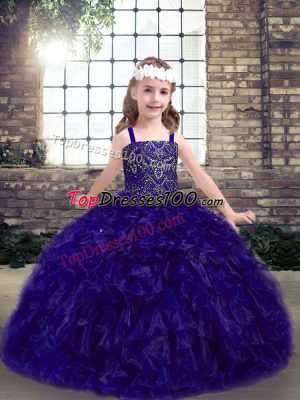 Luxurious Beading and Ruffles Little Girl Pageant Dress Purple Lace Up Sleeveless Floor Length