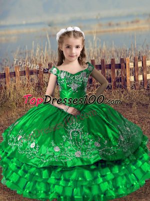 Best Floor Length Lace Up Pageant Gowns For Girls Green for Wedding Party with Embroidery and Ruffled Layers