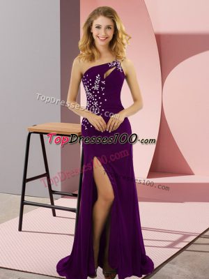 Vintage Purple Column/Sheath Beading Prom Dresses Lace Up Elastic Woven Satin Sleeveless