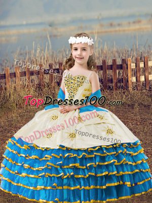 Most Popular Floor Length Lace Up Little Girl Pageant Dress Baby Blue for Wedding Party with Beading and Embroidery and Ruffled Layers