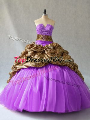 V-neck Sleeveless Organza and Printed Quinceanera Dresses Beading and Pick Ups Lace Up