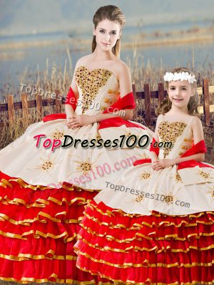 Floor Length Lace Up Quince Ball Gowns White And Red for Sweet 16 and Quinceanera with Beading and Ruffled Layers
