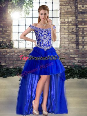 Colorful Royal Blue Tulle Lace Up Off The Shoulder Sleeveless High Low Club Wear Beading and Lace