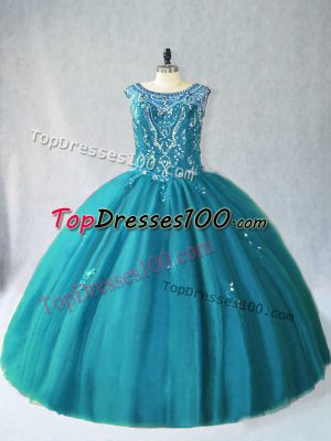 Eye-catching Teal Ball Gowns Scoop Sleeveless Tulle Floor Length Lace Up Beading Ball Gown Prom Dress