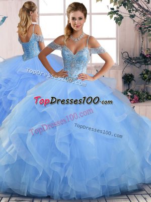 Blue Lace Up Off The Shoulder Beading and Ruffles Quinceanera Gowns Tulle Sleeveless