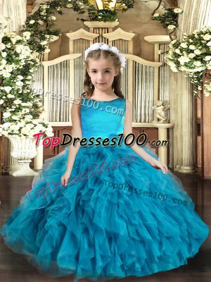 High Quality Blue Pageant Dress Toddler Party and Wedding Party with Ruffles Scoop Sleeveless Lace Up