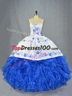 Blue And White Lace Up Sweetheart Beading and Embroidery and Ruffles Sweet 16 Dress Organza Sleeveless Brush Train