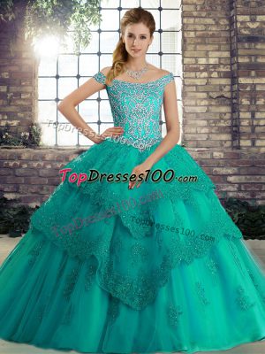 Turquoise Sleeveless Tulle Brush Train Lace Up Sweet 16 Quinceanera Dress for Military Ball and Sweet 16 and Quinceanera