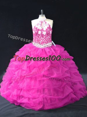Fuchsia Halter Top Backless Beading and Lace and Pick Ups Sweet 16 Dress Sleeveless