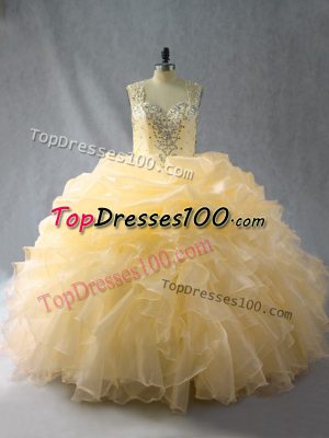Flare Gold Zipper Quince Ball Gowns Beading and Ruffles Sleeveless Floor Length