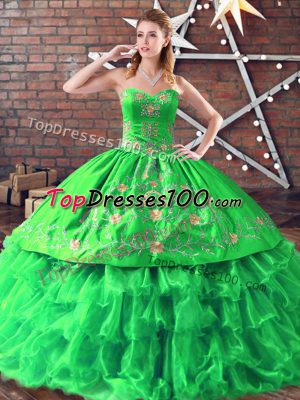 Simple Green Lace Up Sweetheart Embroidery 15 Quinceanera Dress Organza Sleeveless